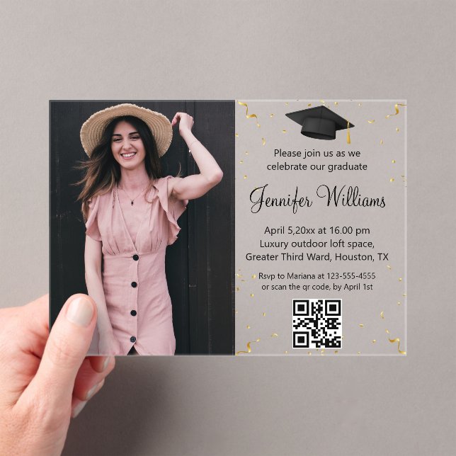 Invitaciones Acrílicas foto graduación partido código qr código rsvp oro  (Insitu (portátil))