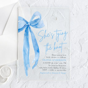 Invitaciones Acrílicas Foto lazo azul Ella está atando el nudo Desayuno d