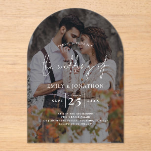Invitaciones Acrílicas Foto moderna Boda de guión superpuesto oscuro