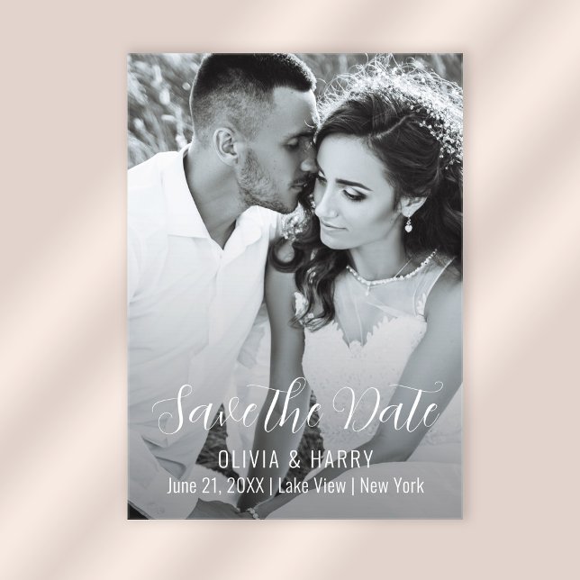 Invitaciones Acrílicas Foto Moderno y elegante guión Guardar la fecha (Stylishly Personalize with Your Custom Photo and Wedding Information.)