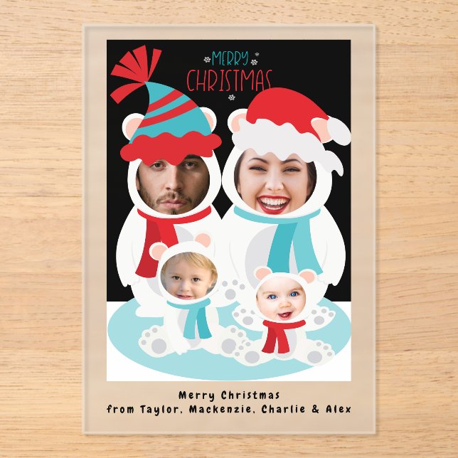 Invitaciones Acrílicas Foto Navidades personalizados Familia de oso polar (Anverso)