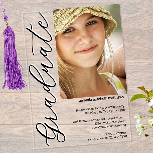 Invitaciones Acrílicas Foto: Partido de Graduación de Guiones Blancos de  (Upload your graduate's photo into this minimalist girly script graduation design on clear acrylic)