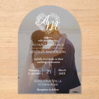 Invitaciones Acrílicas Foto personalizado Boda de arco blanco y negro