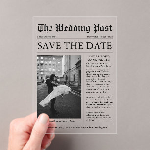Invitaciones Acrílicas Foto única de periódico Guardar la fecha
