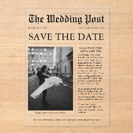 Invitaciones Acrílicas Foto única de periódico Guardar la fecha