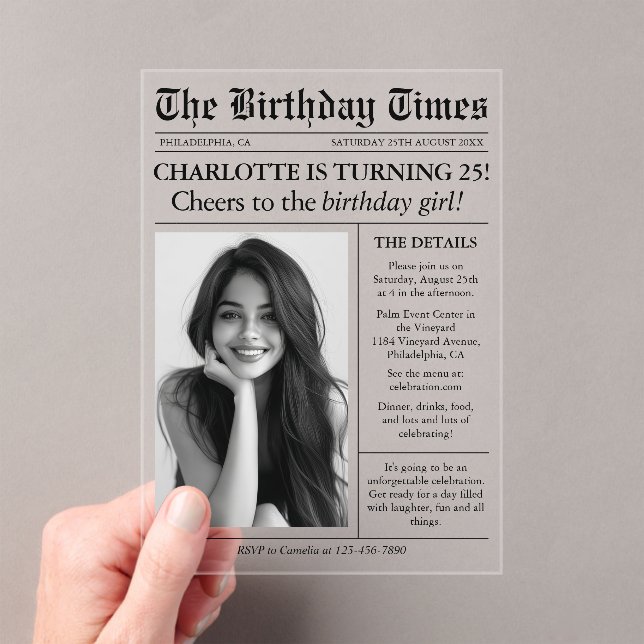Invitaciones Acrílicas Foto única del periódico por 25 años (Insitu (portátil))