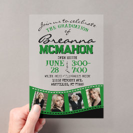 Invitaciones Acrílicas Foto Verde y Negra Tira de Película de Graduación