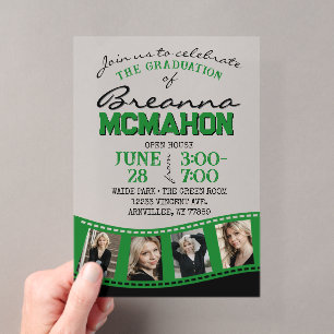 Invitaciones Acrílicas Foto Verde y Negra Tira de Película de Graduación 