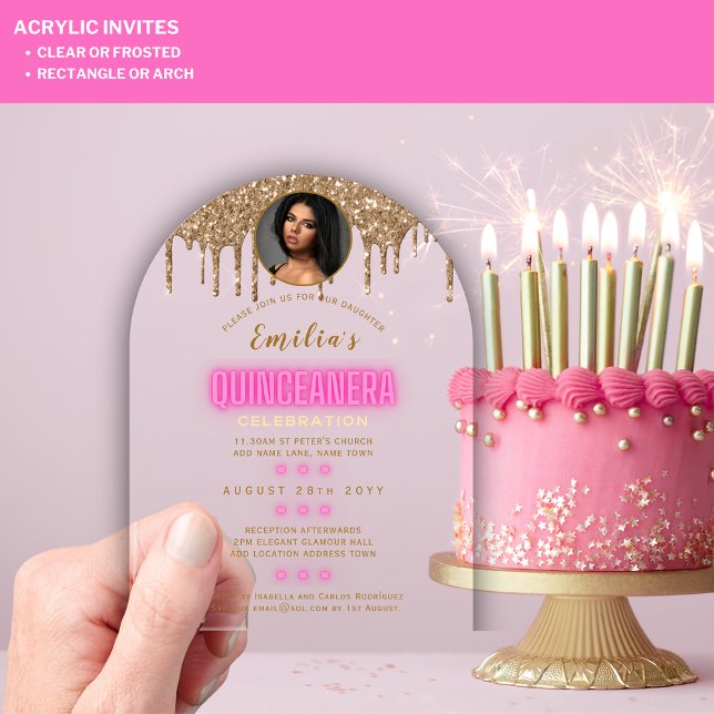 Invitaciones Acrílicas FOTOGRAFÍA ACRÍLICA Quinceanera Quince de oro rosa (Subido por el creador)