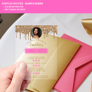 Invitaciones Acrílicas FOTOGRAFÍA ACRÍLICA Quinceanera Quince de oro rosa