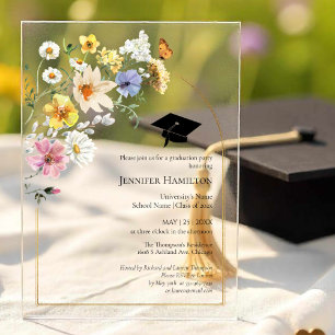 Invitaciones Acrílicas Fotografía de Boho Colorful Wildflower Graduation 