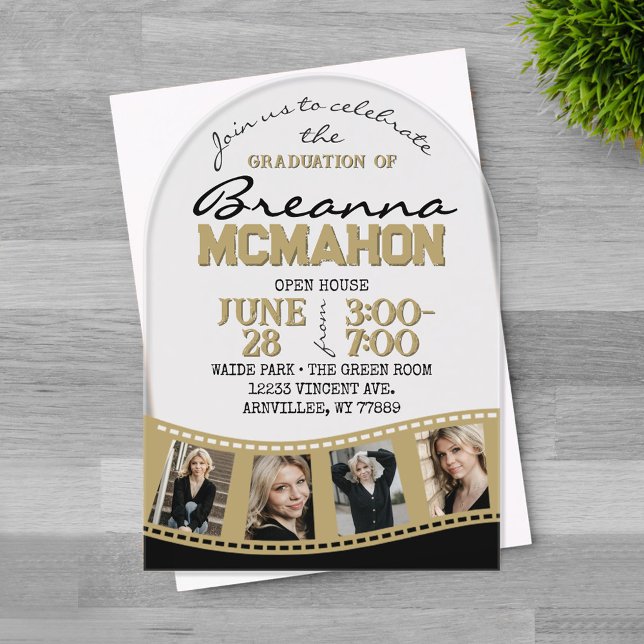 Invitaciones Acrílicas Fotos de graduación artística tira de películas en (Trendy Unique Arched Bronze Gold and Black 4 Photo Filmstrip Graduation Invitation)
