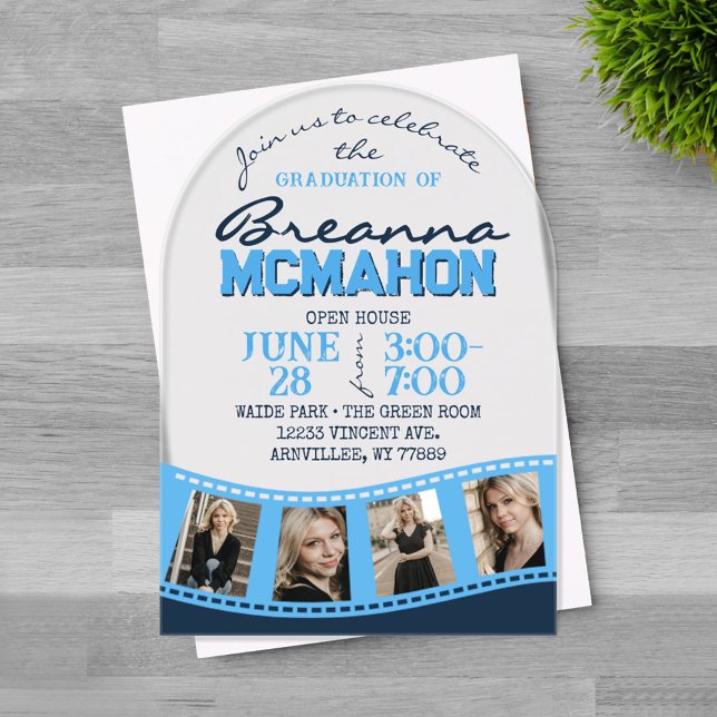 Invitaciones Acrílicas Fotos de graduación del arco azul claro tira de pe (Trendy Arched Graduation Photo Filmstrip Light Blue & Navy Blue Frosted Acrylic Invitations on Grey )