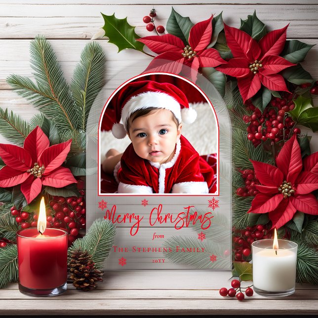 Invitaciones Acrílicas Fotos de Snowflakes con arcos de nieve Festejo Fes (Snowflakes Simple Modern Arched Photo "Merry Christmas" Family Greeting Acrylic Card)