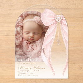 Invitaciones Acrílicas Fotos Perlas con Lazo Rosa Bautizo niña