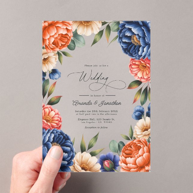 Invitaciones Acrílicas French Blue, Coral, and Sand Beige Floral Wedding (Insitu (portátil))