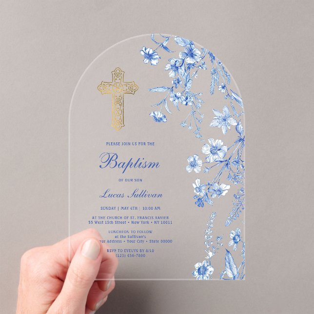 Invitaciones Acrílicas French Blue Wildflowers Arch Baptism (Insitu (portátil))