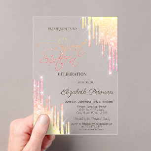 Invitaciones Acrílicas Frescas gotas de brillo Ombre Rosa Dorado Cumpleañ