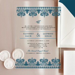Invitaciones Acrílicas Frontera de Damasco Azul Anand Karaj Boda Sikh