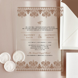 Invitaciones Acrílicas Frontera de damasco marrón Anand Karaj Boda Sikh