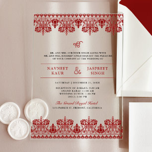 Invitaciones Acrílicas Frontera de Damasco Rojo Anand Karaj Boda Sikh