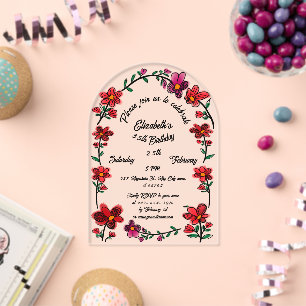 Invitaciones Acrílicas Frontera de flores caprichosas Cumpleaños 35