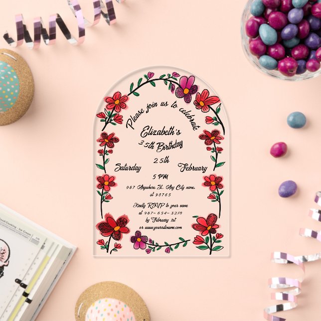Invitaciones Acrílicas Frontera de flores caprichosas Cumpleaños 35  (Insitu (Celebración))