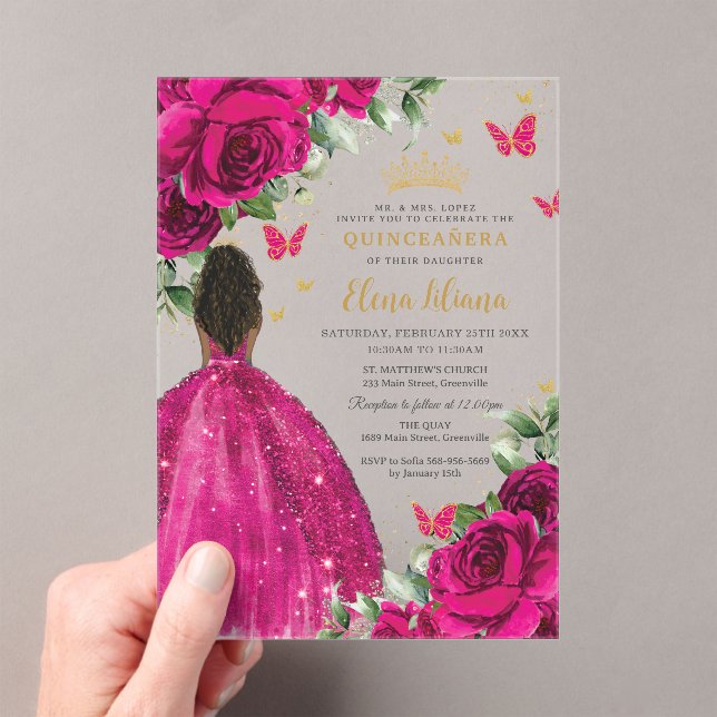 Invitaciones Acrílicas Fuchsia Floral Brown Princess Quinceañera Sweet 16 (Insitu (portátil))
