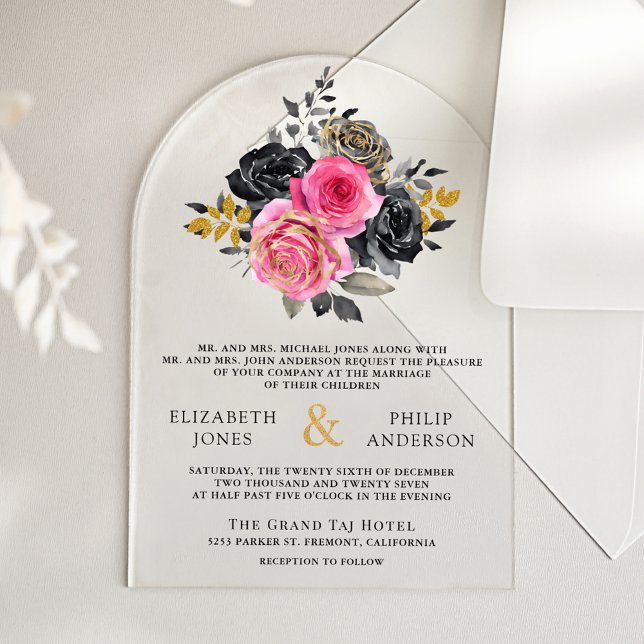 Invitaciones Acrílicas Fuchsia Floral Roses Black Wedding (Subido por el creador)