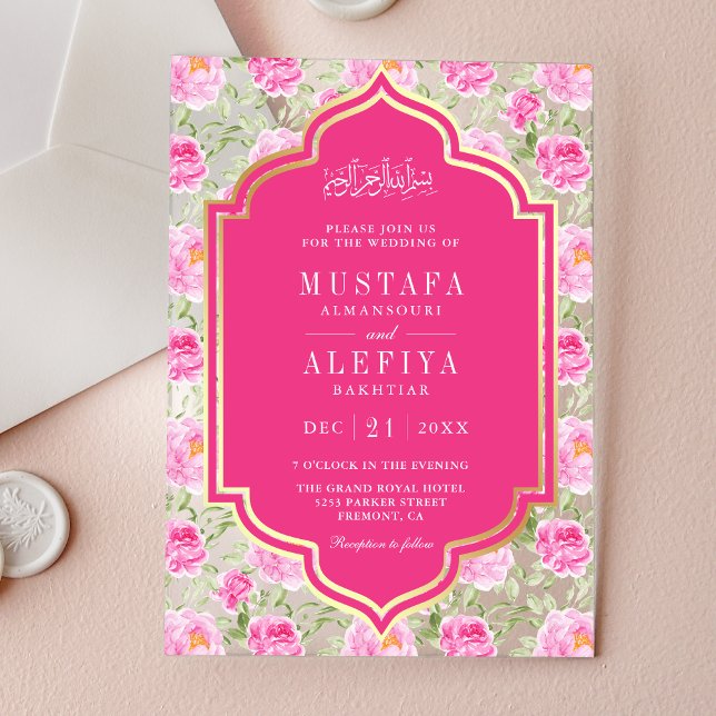 Invitaciones Acrílicas Fuchsia Gold Pink Floral Pattern Muslim Wedding (Subido por el creador)