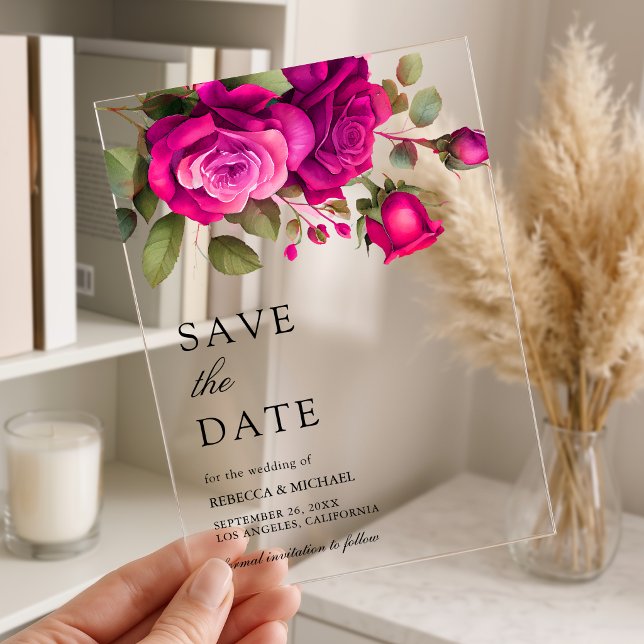 Invitaciones Acrílicas Fuchsia Hot Pink Roses Wedding Save the Date (Subido por el creador)