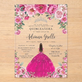 Invitaciones Acrílicas Fuchsia Pink Floral Silver Quinceanera XV Birthday