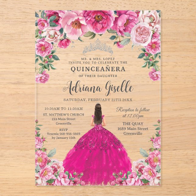 Invitaciones Acrílicas Fuchsia Pink Floral Silver Quinceanera XV Birthday (Anverso)