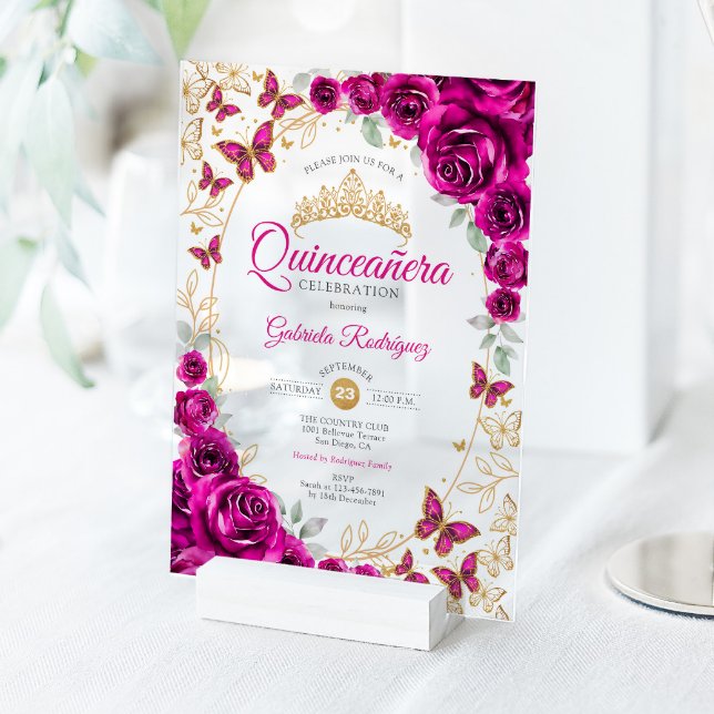 Invitaciones Acrílicas Fuchsia Pink Gold Floral Quinceanera (Subido por el creador)