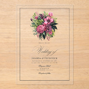 Invitaciones Acrílicas Fuchsia, verde esmeralda y Boda floral negro
