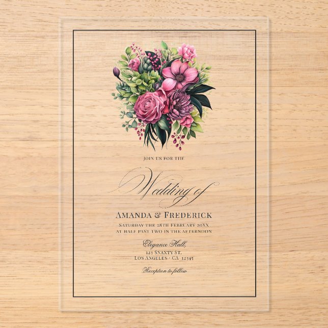 Invitaciones Acrílicas Fuchsia, verde esmeralda y Boda floral negro (Anverso)