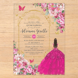 Invitaciones Acrílicas Fucsia Floral Dorado Quinceañera Dulces 16 XV