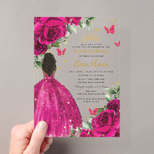 Invitaciones Acrílicas Fucsia Floral Marrón Princesa Quinceañera Dulces 1