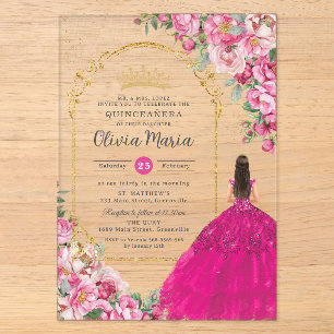 Invitaciones Acrílicas Fucsia Rosa Floral Oro Quinceañera Dulces 16 XV
