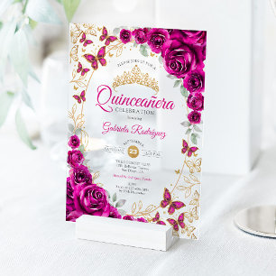 Invitaciones Acrílicas Fucsia Rosa Oro Floral Quinceañera