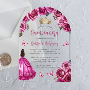 Invitaciones Acrílicas Fucsia Rosas Florales Quinceañera Acuarela