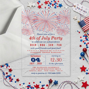 Invitaciones Acrílicas Fuegos Artificiales Rojos, Blancos y Azules Fiesta