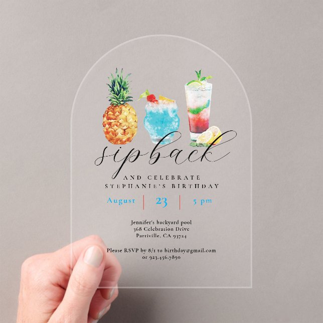 Invitaciones Acrílicas Fun Watercolor Fruit Cocktails Fiesta de cumpleaño (Insitu (portátil))