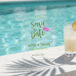 Invitaciones Acrílicas Funky rosa y verde tropical salva el arco de fecha