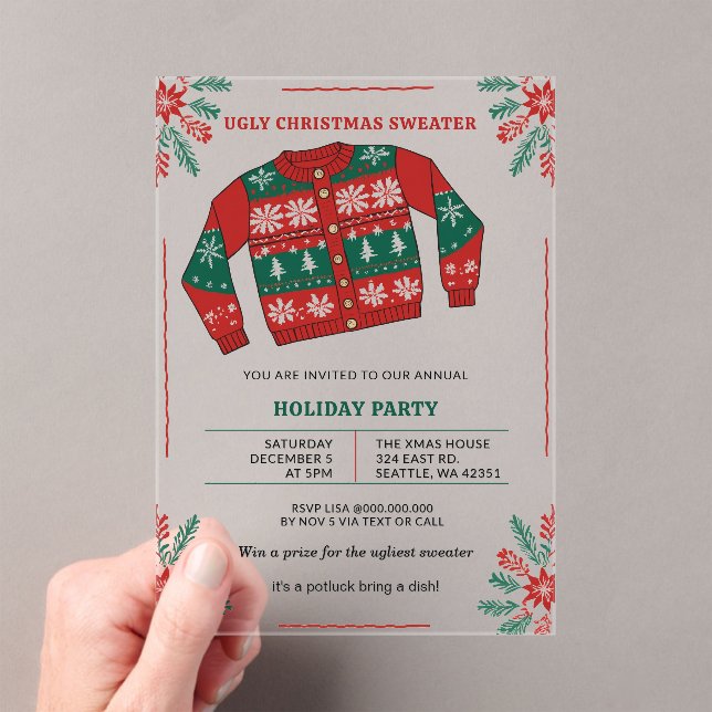 Invitaciones Acrílicas Funny Red Green Ugly Christmas Sweater Party (Insitu (portátil))