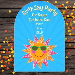 Invitaciones Acrílicas Gafas de sol de cumpleaños rosa naranja rayos azul