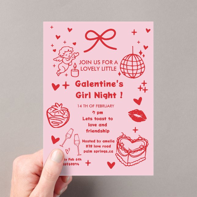Invitaciones Acrílicas Galentine’s Party, Night Valentine Hand Drawn  (Insitu (portátil))