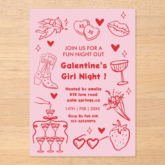 Invitaciones Acrílicas Galentine’s Party, Night Valentine Hand Drawn  (Anverso)