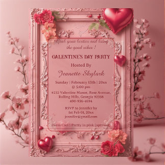 Invitaciones Acrílicas Galentines Day Party Heart Floral Pastel Pink Vine