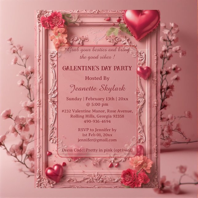 Invitaciones Acrílicas Galentines Day Party Heart Floral Pastel Pink Vine (Galentines Day Party Heart Floral Pastel Pink Vine Acrylic Invitations)